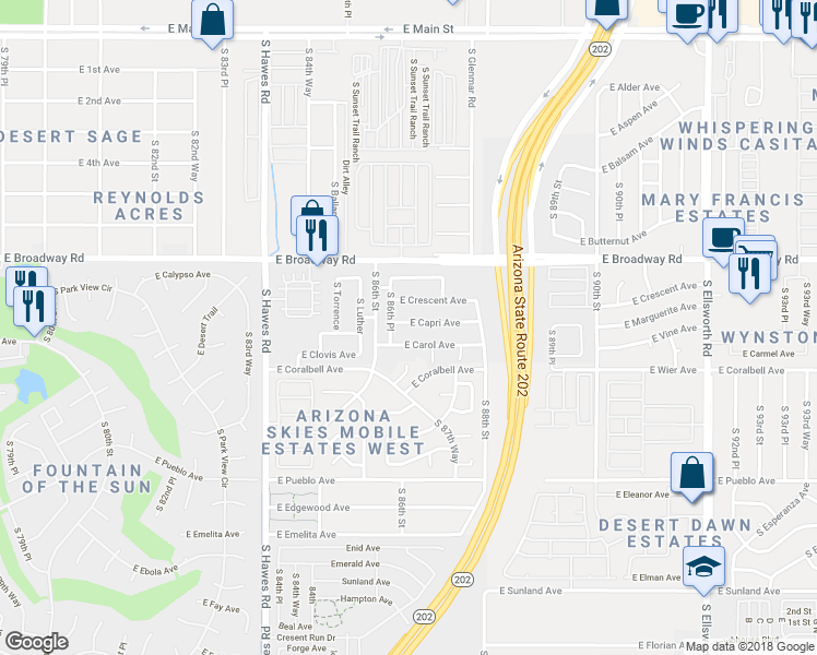 map of restaurants, bars, coffee shops, grocery stores, and more near 8615 East Carol Avenue in Mesa