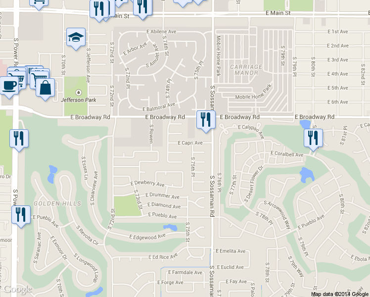 map of restaurants, bars, coffee shops, grocery stores, and more near 7458 East Carol Circle in Mesa