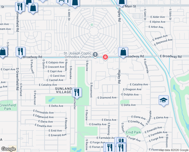 map of restaurants, bars, coffee shops, grocery stores, and more near 542 South Higley Road in Mesa