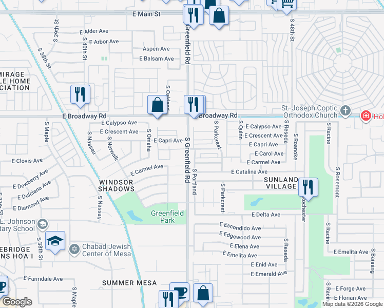 map of restaurants, bars, coffee shops, grocery stores, and more near 4364 East Carmel Circle in Mesa