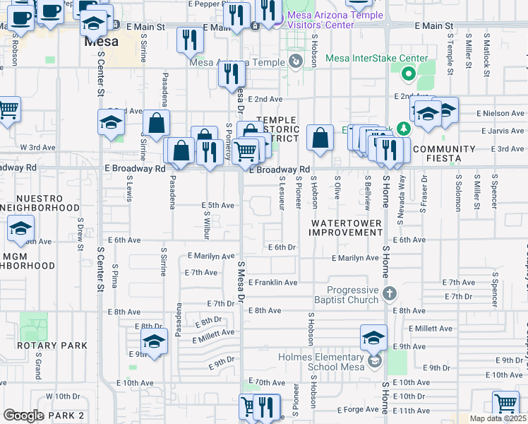 map of restaurants, bars, coffee shops, grocery stores, and more near 528 South Udall in Mesa