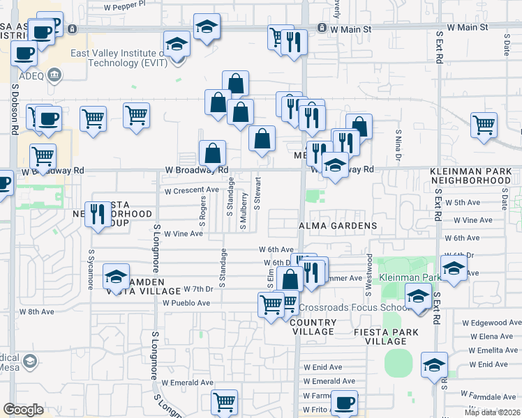 map of restaurants, bars, coffee shops, grocery stores, and more near 527 South Stewart in Mesa