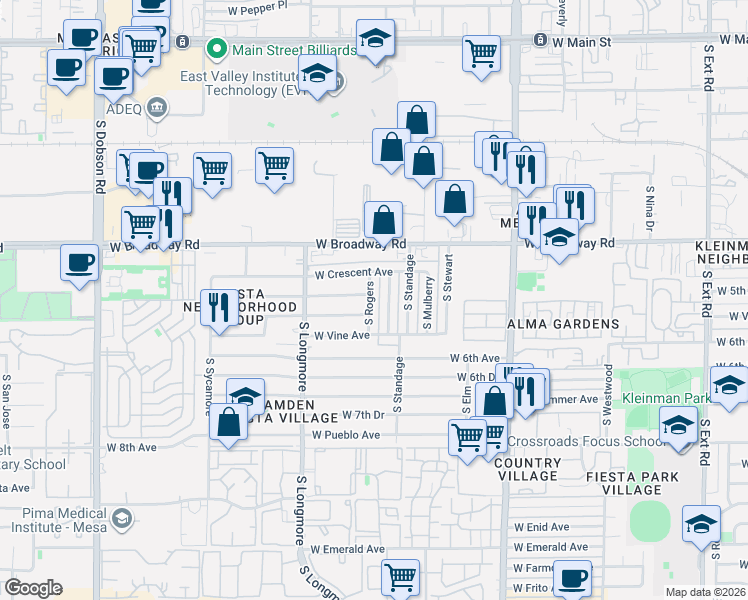 map of restaurants, bars, coffee shops, grocery stores, and more near 532 South Johnson in Mesa