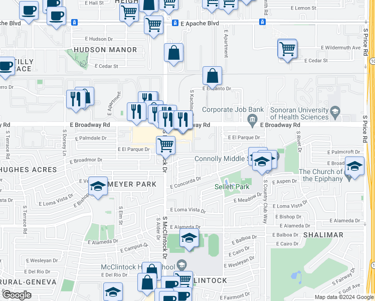 map of restaurants, bars, coffee shops, grocery stores, and more near 1825 East Palmcroft Drive in Tempe