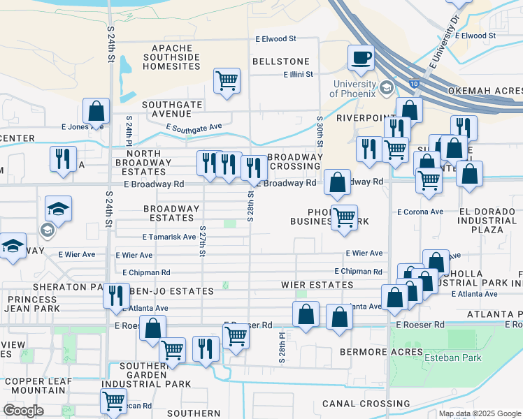 map of restaurants, bars, coffee shops, grocery stores, and more near 4415 South 28th Street in Phoenix