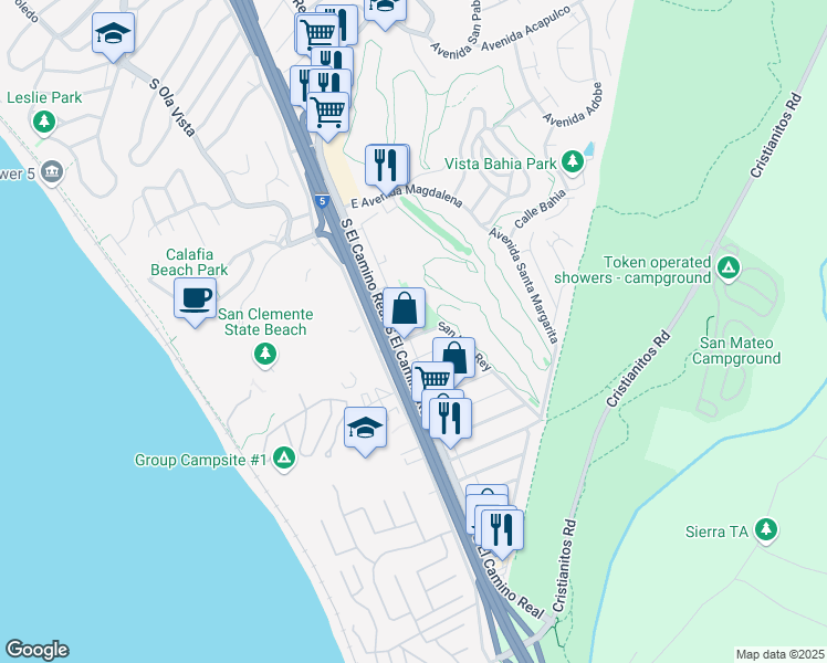 map of restaurants, bars, coffee shops, grocery stores, and more near 101 Avenida Santa Inez in San Clemente