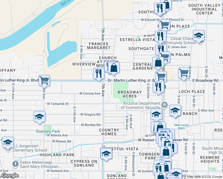 map of restaurants, bars, coffee shops, grocery stores, and more near 625 South 7th Avenue in Phoenix