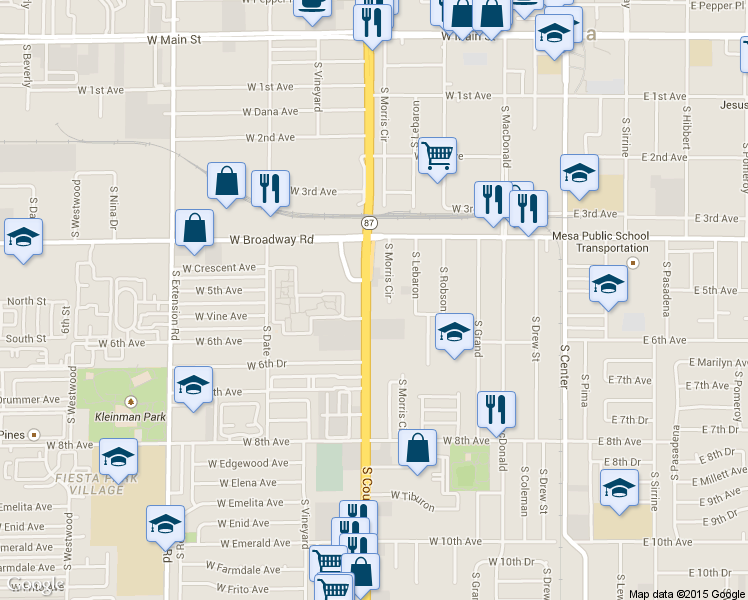 map of restaurants, bars, coffee shops, grocery stores, and more near 515 S Country Club Dr in Mesa