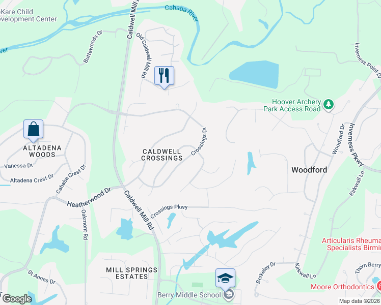 map of restaurants, bars, coffee shops, grocery stores, and more near 3176 Crossings Drive in Birmingham