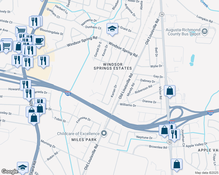 map of restaurants, bars, coffee shops, grocery stores, and more near 3323 Karian Drive in Augusta