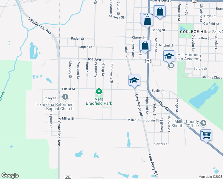 map of restaurants, bars, coffee shops, grocery stores, and more near 801 Euclid Street in Texarkana