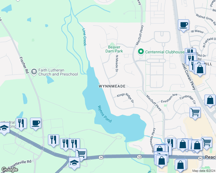 map of restaurants, bars, coffee shops, grocery stores, and more near 193 Wynnmeade Parkway in Peachtree City