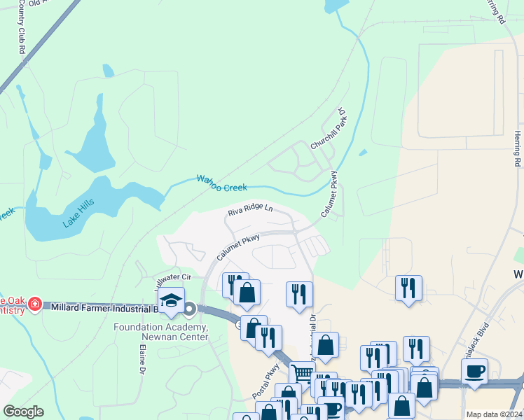 map of restaurants, bars, coffee shops, grocery stores, and more near 66 Riva Ridge Lane in Newnan