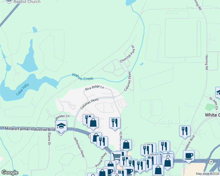 map of restaurants, bars, coffee shops, grocery stores, and more near 1 Mill Ridge Place in Newnan