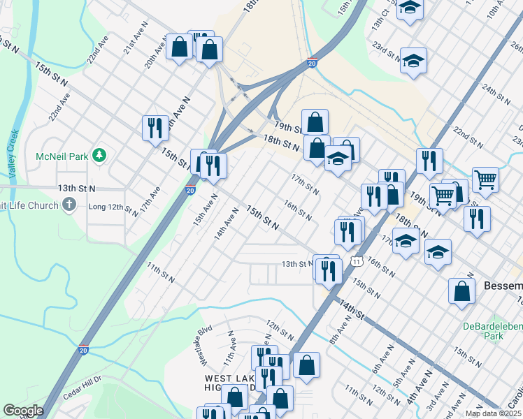 map of restaurants, bars, coffee shops, grocery stores, and more near 1504 13th Avenue North in Bessemer