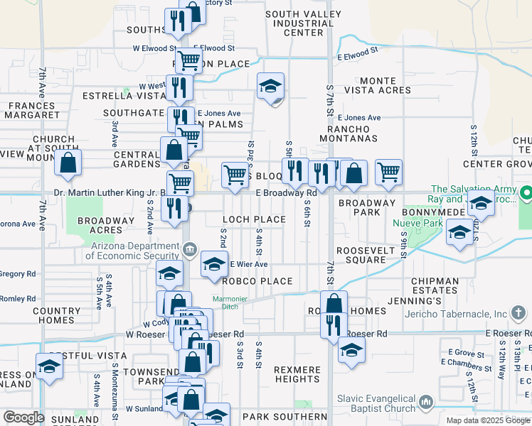 map of restaurants, bars, coffee shops, grocery stores, and more near 4444 South 5th Street in Phoenix