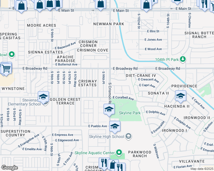 map of restaurants, bars, coffee shops, grocery stores, and more near 526 South 99th Place in Mesa