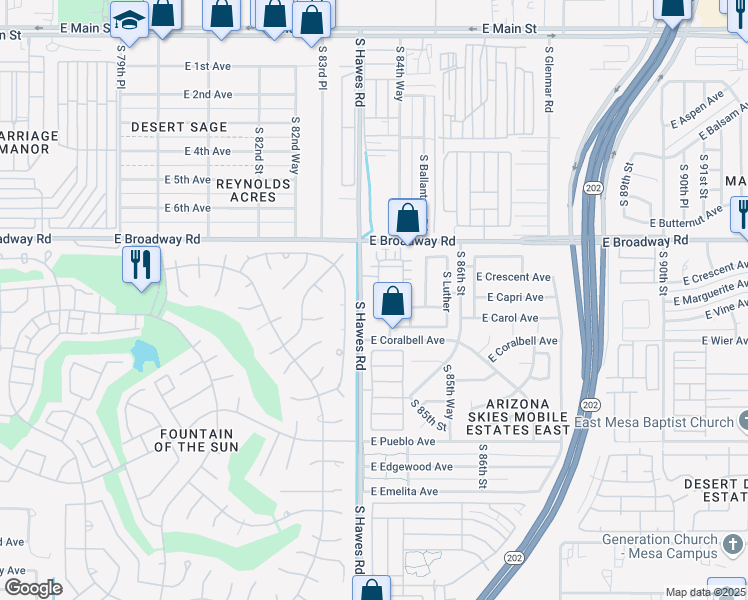 map of restaurants, bars, coffee shops, grocery stores, and more near 8427 East Coralbell Avenue in Mesa