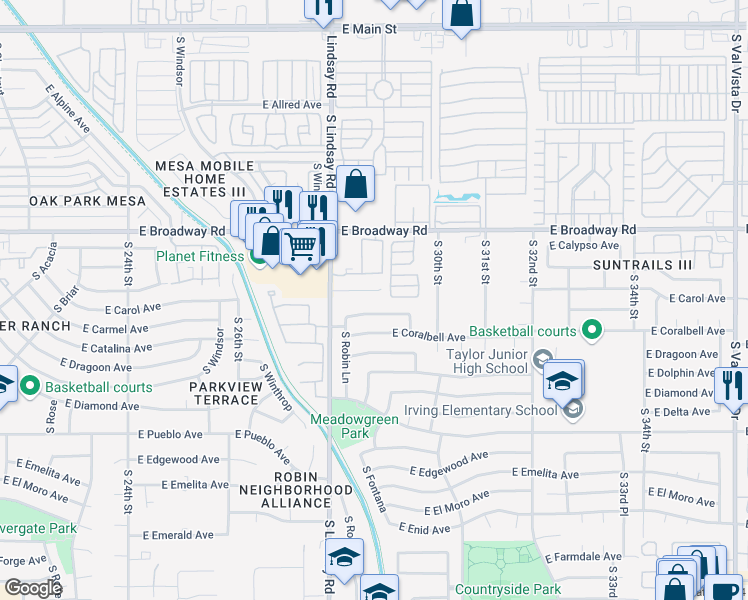 map of restaurants, bars, coffee shops, grocery stores, and more near 2845 East Concho Avenue in Mesa