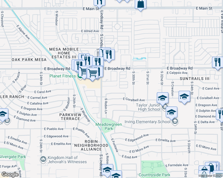map of restaurants, bars, coffee shops, grocery stores, and more near 2845 East Concho Avenue in Mesa