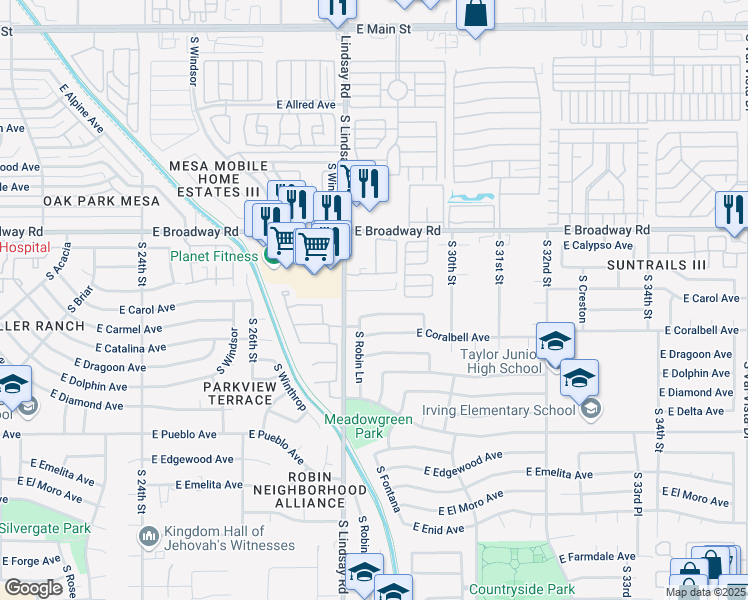 map of restaurants, bars, coffee shops, grocery stores, and more near 2845 East Concho Avenue in Mesa