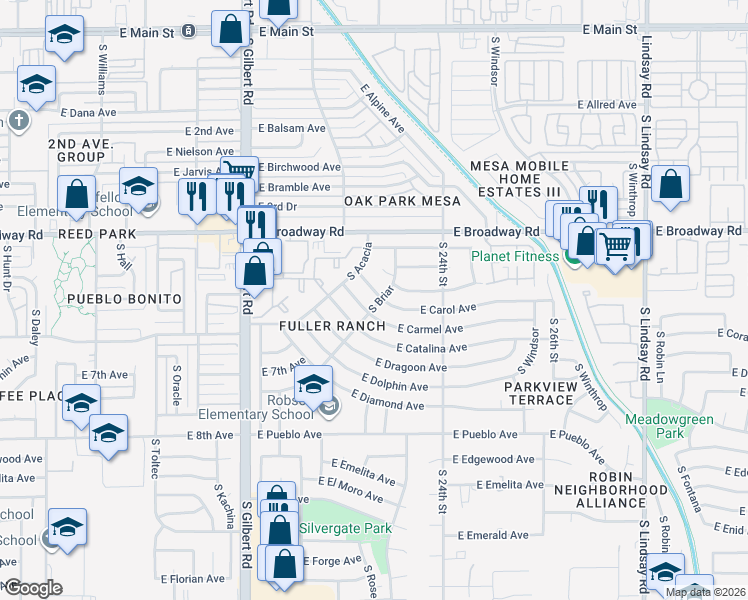 map of restaurants, bars, coffee shops, grocery stores, and more near 2235 East Carmel Avenue in Mesa