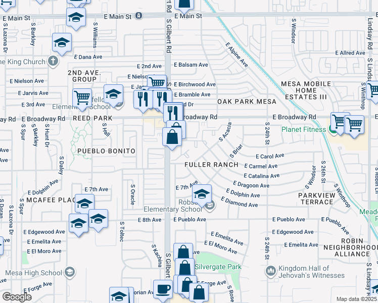 map of restaurants, bars, coffee shops, grocery stores, and more near 2110 East Dolphin Avenue in Mesa