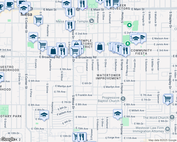 map of restaurants, bars, coffee shops, grocery stores, and more near 463 East Vine Avenue in Mesa