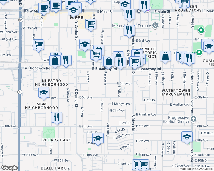 map of restaurants, bars, coffee shops, grocery stores, and more near 537 South Pasadena in Mesa