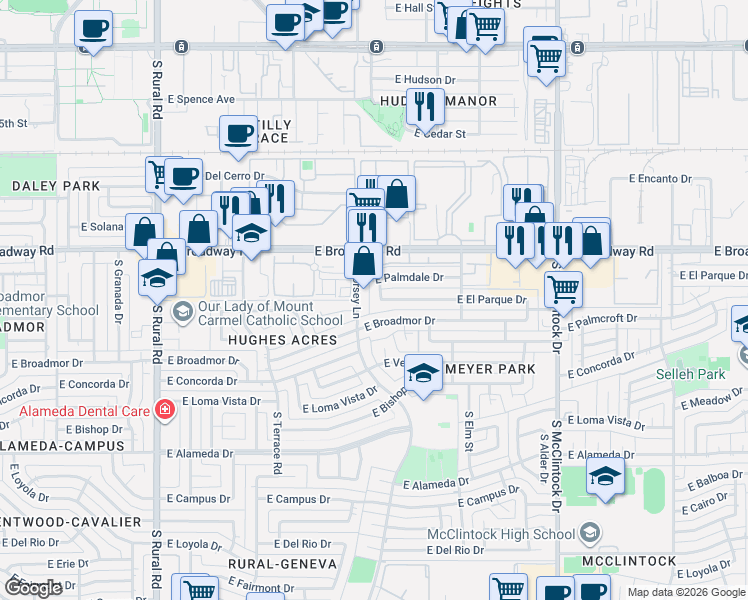 map of restaurants, bars, coffee shops, grocery stores, and more near 1328 East Broadmor Drive in Tempe