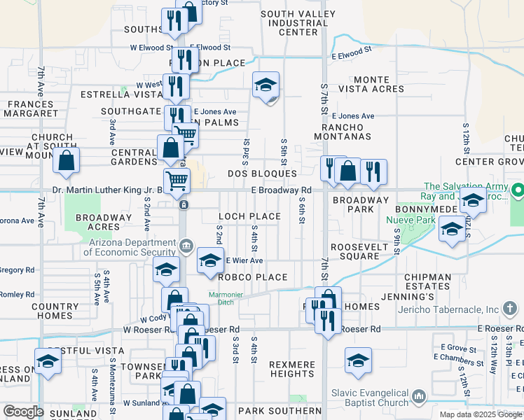 map of restaurants, bars, coffee shops, grocery stores, and more near 4444 South 5th Street in Phoenix