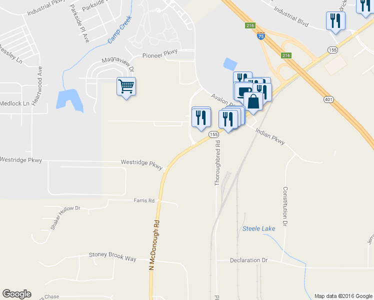 map of restaurants, bars, coffee shops, grocery stores, and more near 1170 Georgia 155 S in McDonough