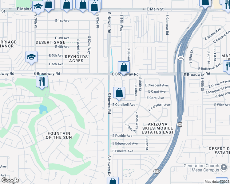 map of restaurants, bars, coffee shops, grocery stores, and more near 529 South Hawes Road in Mesa
