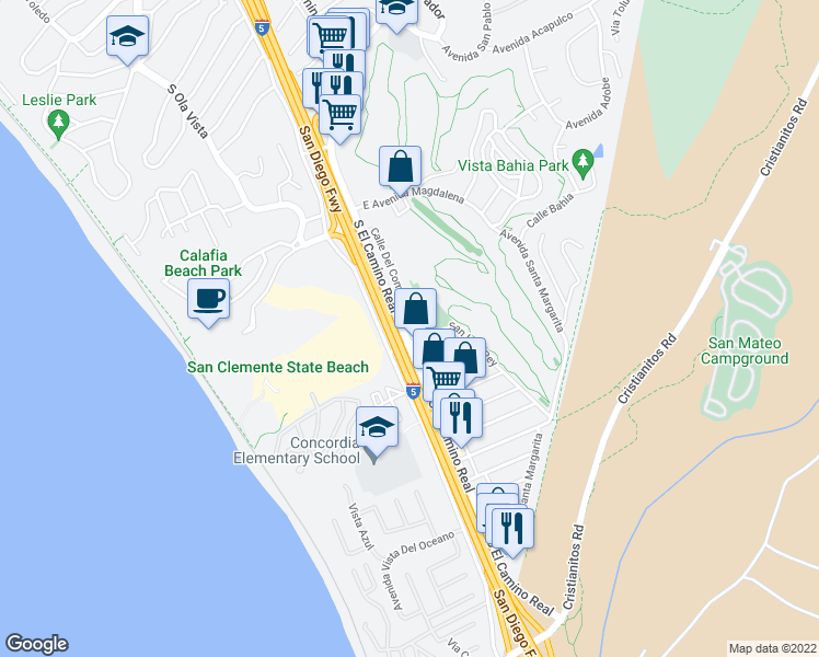 map of restaurants, bars, coffee shops, grocery stores, and more near 2733 South El Camino Real in San Clemente