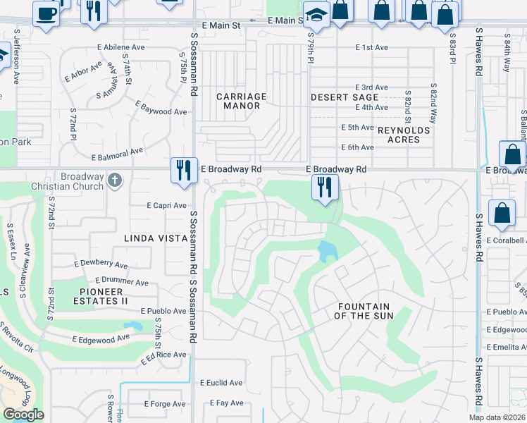 map of restaurants, bars, coffee shops, grocery stores, and more near 519 South Boojum Way in Mesa