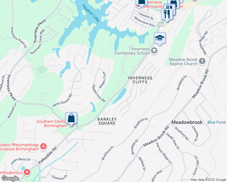 map of restaurants, bars, coffee shops, grocery stores, and more near 7044 Inverness Green Lane in Birmingham