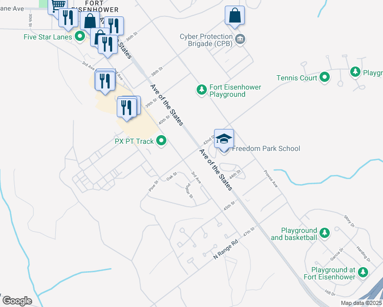 map of restaurants, bars, coffee shops, grocery stores, and more near 42nd Street in Augusta