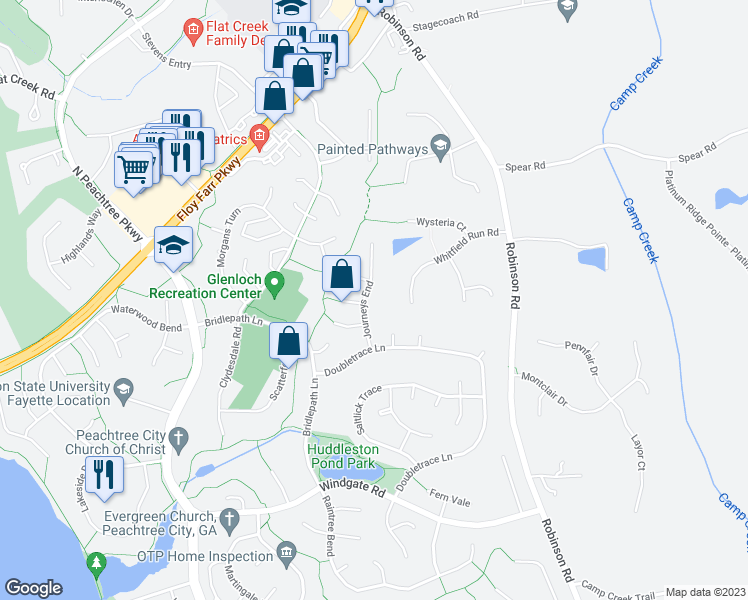 map of restaurants, bars, coffee shops, grocery stores, and more near 300 Journeys End in Peachtree City