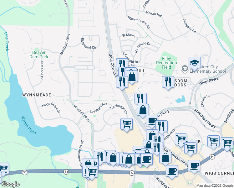 map of restaurants, bars, coffee shops, grocery stores, and more near 345 Revolution Drive in Peachtree City