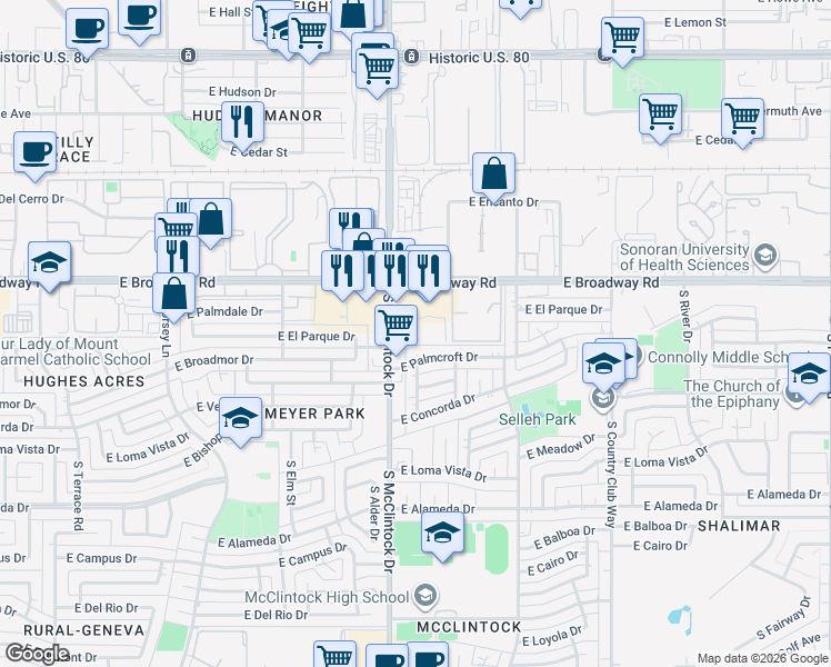 map of restaurants, bars, coffee shops, grocery stores, and more near 2045 South McClintock Drive in Tempe