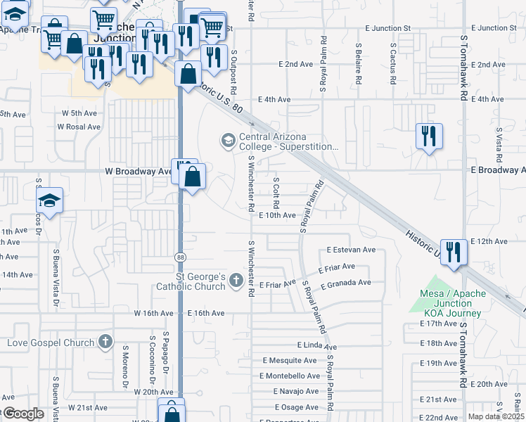 map of restaurants, bars, coffee shops, grocery stores, and more near 460 East 10th Avenue in Apache Junction