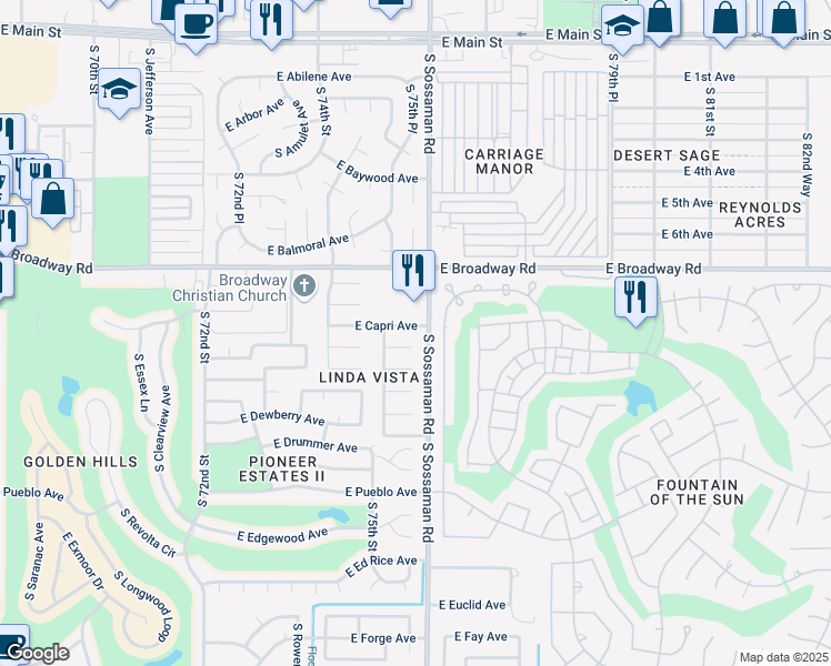 map of restaurants, bars, coffee shops, grocery stores, and more near 7550 East Capri Avenue in Mesa
