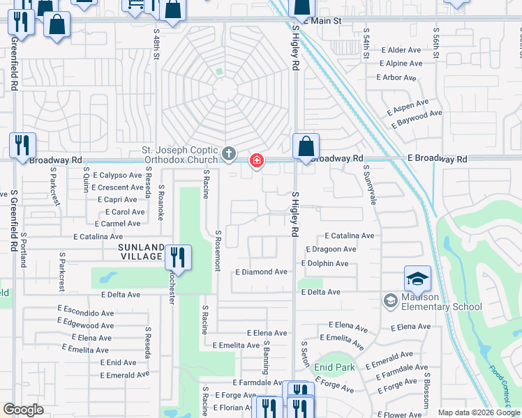 map of restaurants, bars, coffee shops, grocery stores, and more near 542 South Higley Road in Mesa