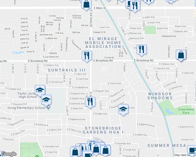 map of restaurants, bars, coffee shops, grocery stores, and more near 505 South Val Vista Drive in Mesa