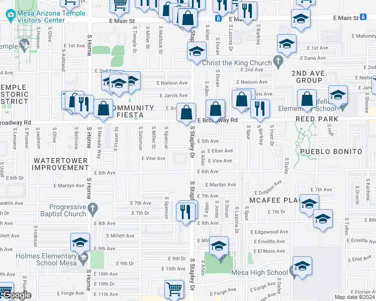 map of restaurants, bars, coffee shops, grocery stores, and more near 450 South Stapley Drive in Mesa