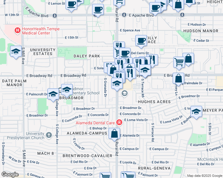 map of restaurants, bars, coffee shops, grocery stores, and more near 2014 South Rural Road in Tempe