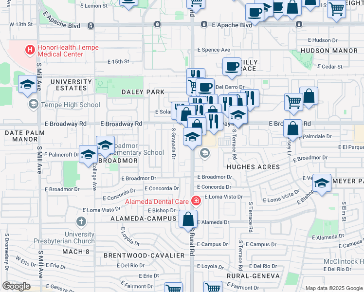 map of restaurants, bars, coffee shops, grocery stores, and more near 2014 South Rural Road in Tempe