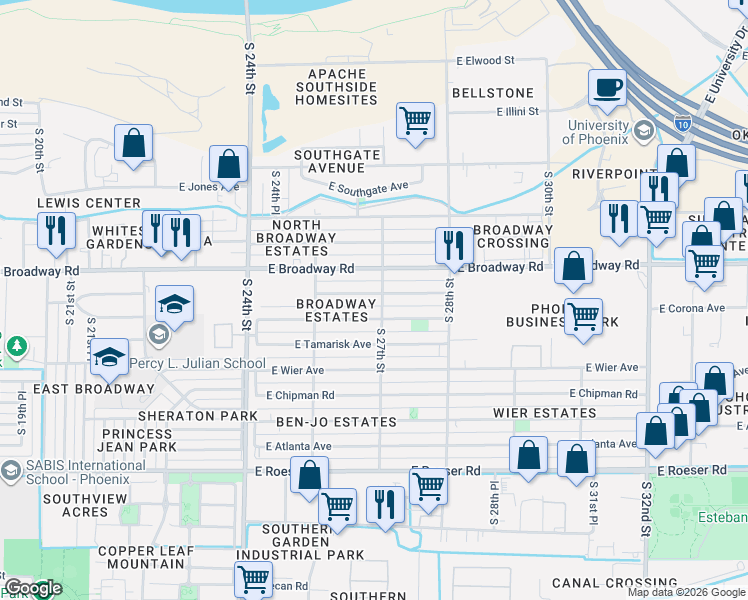map of restaurants, bars, coffee shops, grocery stores, and more near 2562 East Corona Avenue in Phoenix