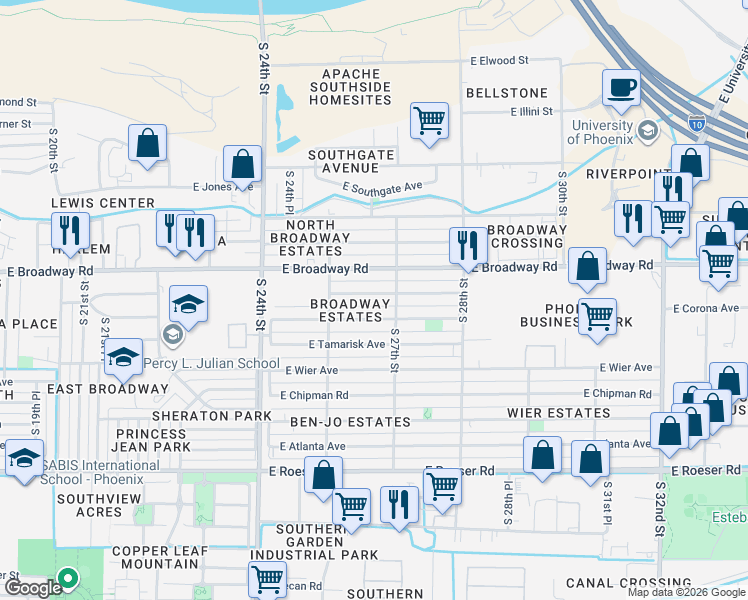 map of restaurants, bars, coffee shops, grocery stores, and more near 2541 East Corona Avenue in Phoenix