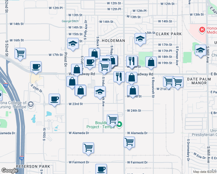 map of restaurants, bars, coffee shops, grocery stores, and more near 939 W Broadway Rd in Tempe